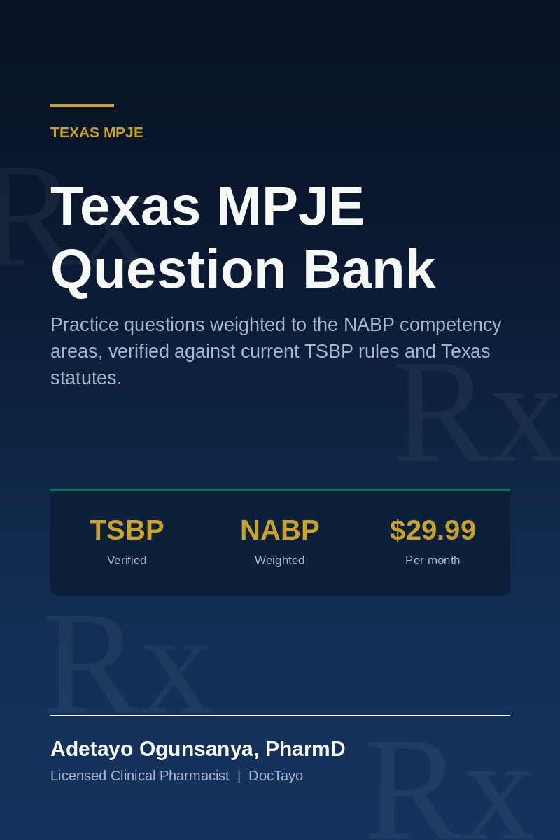 Cover of the Texas MPJE Question Bank by Adetayo Ogunsanya, PharmD